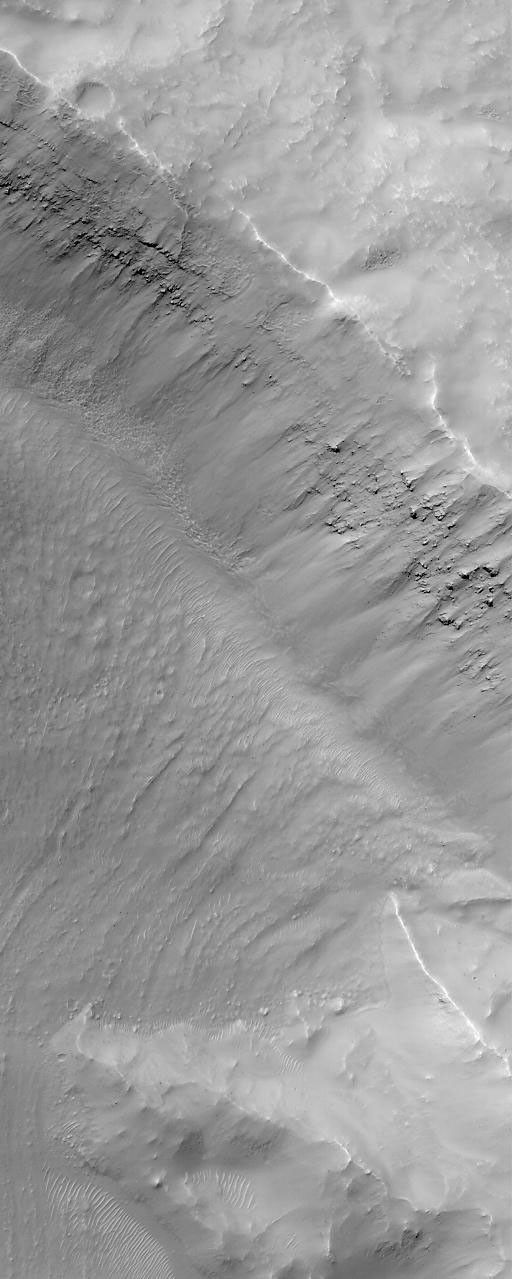 These images captured by NASA's Mars Global Surveyor show a ridged and cratered plain in southern Hesperia Planum on left, and a layered northeastern wall of a meteor impact crater in Noachis Terra on right.