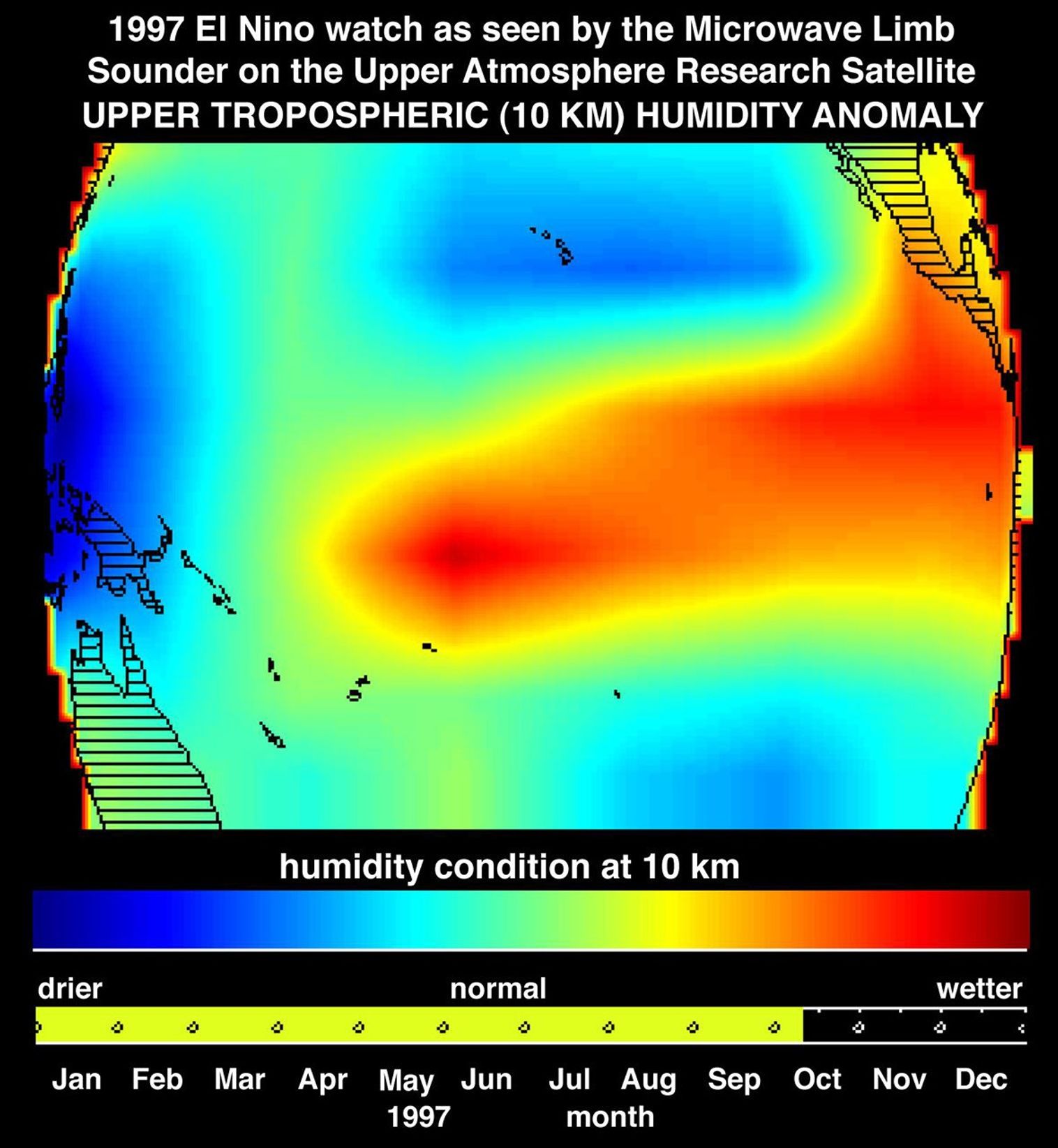 This image shows atmospheric water vapor in Earth's upper troposphere, about 10 kilometers (6 miles) above the surface, as measured by NASA's Microwave Limb Sounder (MLS) instrument flying aboard the Upper Atmosphere Research Satellite.