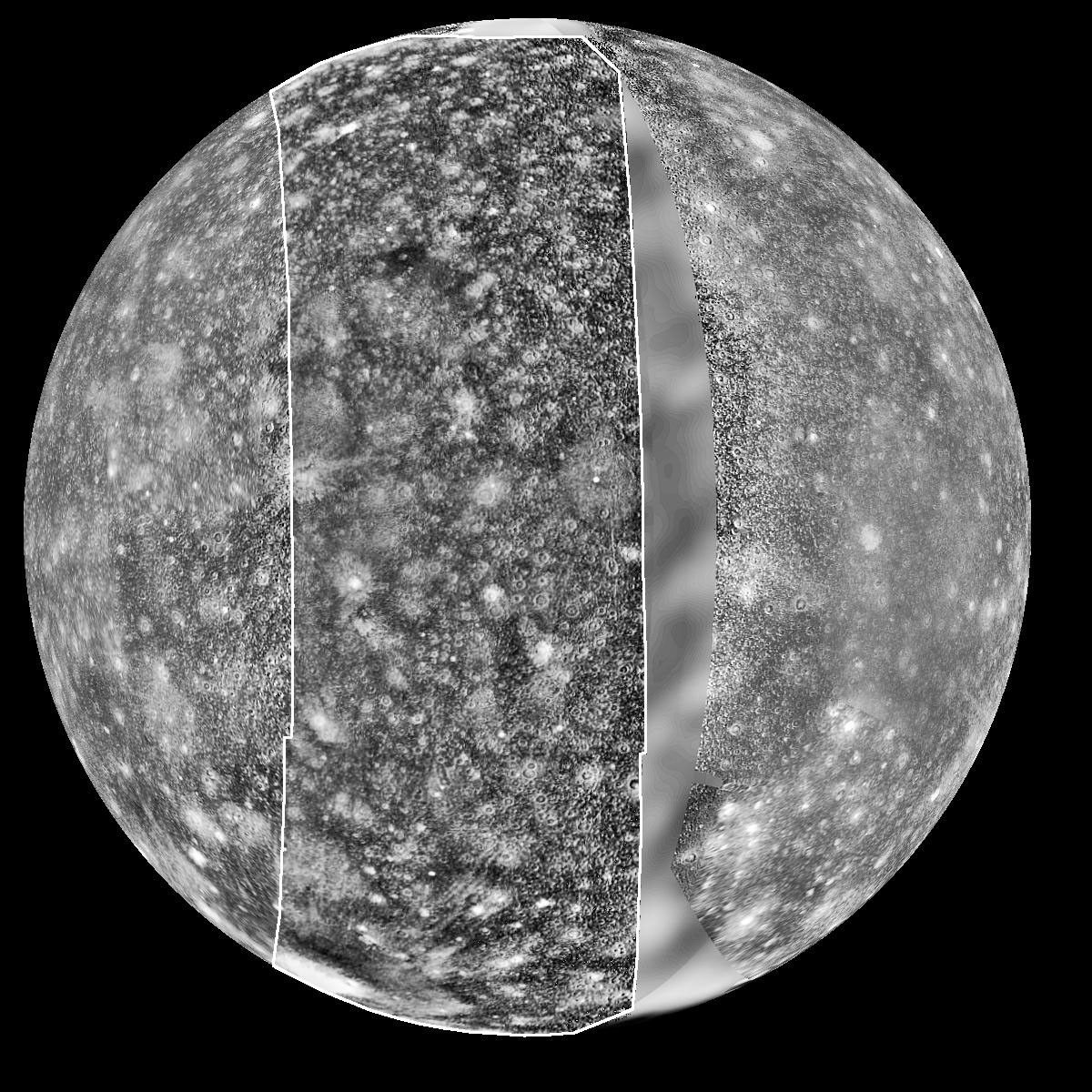 View of Callisto, most distant of the four large moons of Jupiter. This mosaic was prepared from images obtained by three spacecraft: NASA's Voyager 1 (left side), Galileo (middle), and Voyager 2 data (right side).