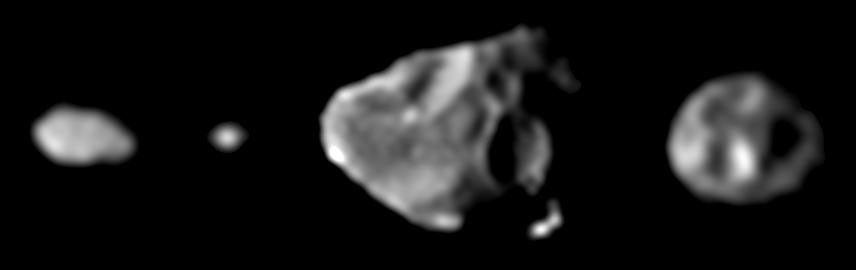 These images, taken by NASA's Galileo spacecraft between Nov. 1996-June 1997, provide the first ever 'family portrait' of the four small, irregularly shaped moons that orbit Jupiter in the zone between the planet's ring and the larger Galilean satellites.