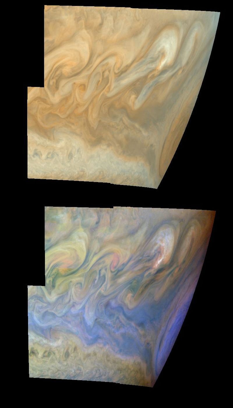 True and false color mosaics of the turbulent region west of Jupiter's Great Red Spot. The Great Red Spot is on the planetary limb on right hand side of each mosaic. Images used were taken by the Solid State Imaging system on NASA's Galileo spacecraft.