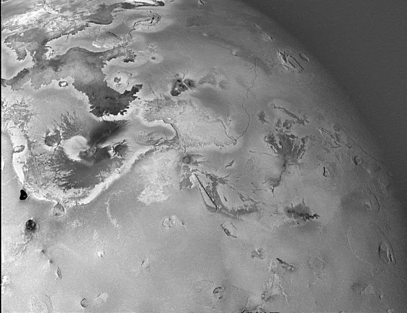 Shown here is one of the topographic mapping images of Jupiter's moon Io (Latitude: +2 to +65 degrees, Longitude: 150 to 223 degrees) acquired by NASA's Galileo spacecraft, revealing a great variety of landforms.