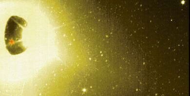 This image of Jupiter's moon Io and its surrounding sky is shown in false color. It was taken at 5 hours 30 minutes Universal Time on Nov. 9, 1996 by the solid state imaging (CCD) system aboard NASA's Galileo spacecraft,