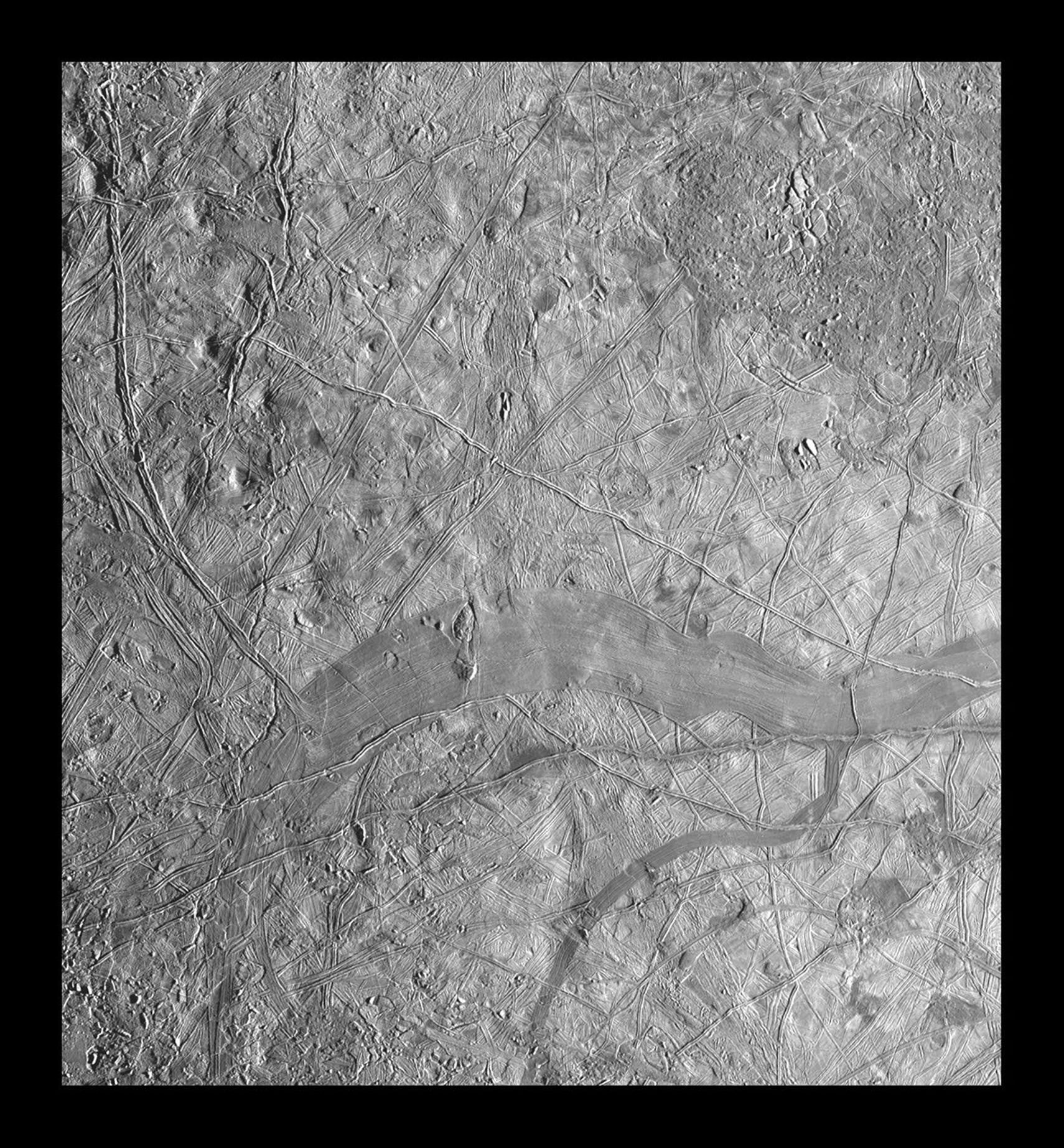 This mosaic of part of Jupiter's moon, Europa, shows a region that is characterized by mottled terrain. The images in this mosaic were obtained by Solid State Imaging (CCD) system on NASA's Galileo spacecraft during its eleventh orbit around Jupiter.