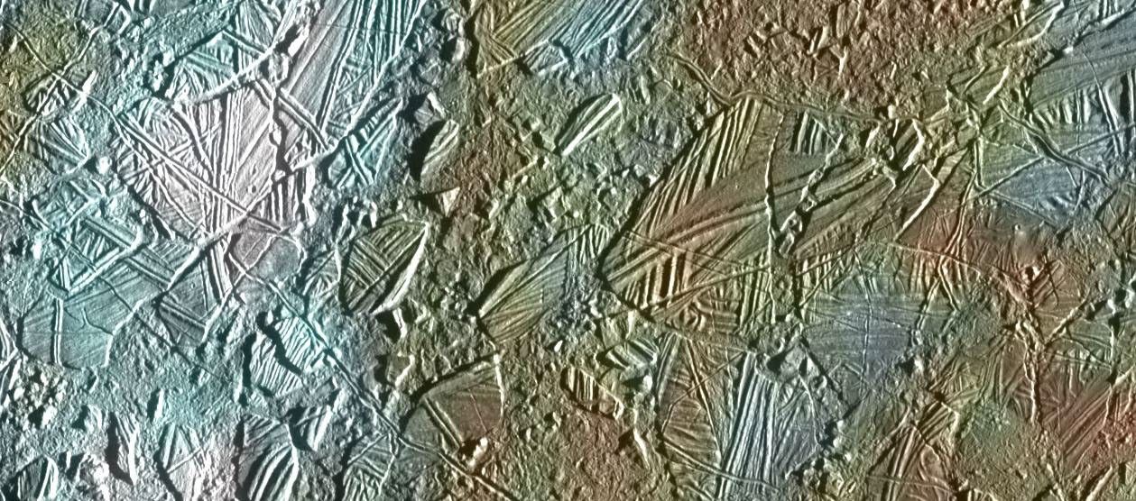 View of a small region of the thin, disrupted, ice crust in the Conamara region of Jupiter's moon Europa showing the interplay of surface color with ice structures. Image captured by the Solid State Imaging (CCD) system on NASA's Galileo spacecraft.