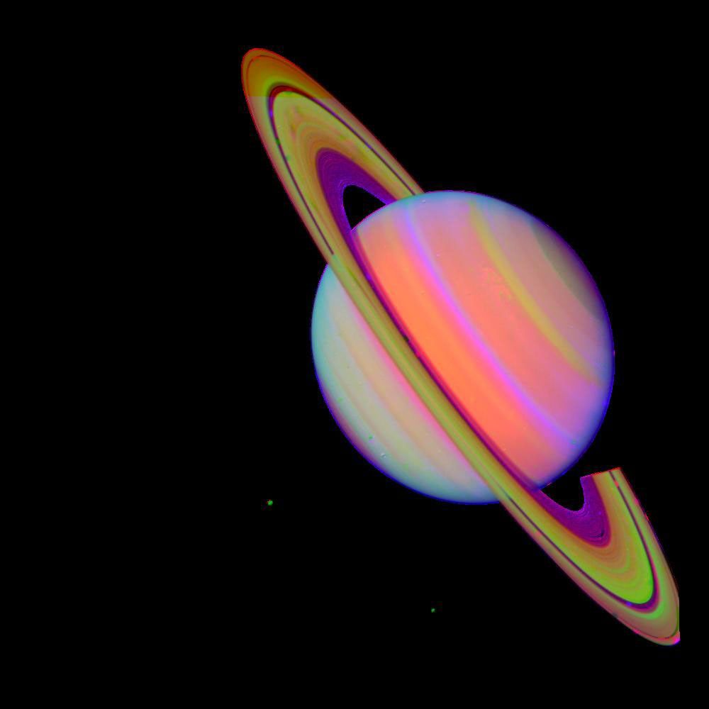 NASA's Voyager 2 took this 'false color' photograph of Saturn on July 21, 1981, when the spacecraft was 33.9 million kilometers (21 million miles) from the planet.