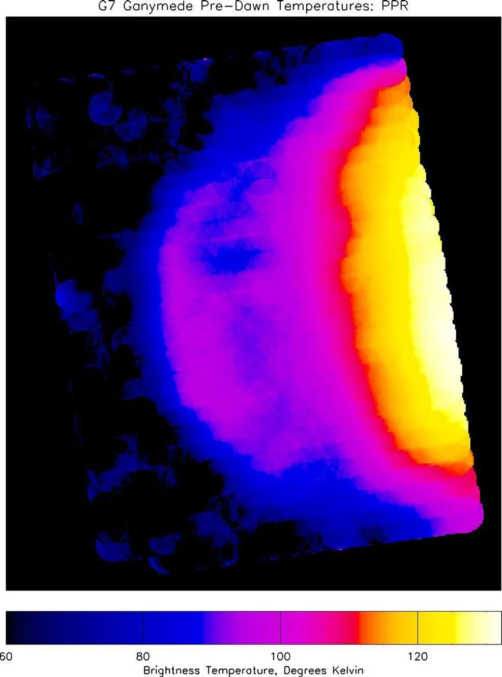 This infrared image of Jupiter's moon Ganymede, showing heat radiation from its surface at a wavelength of 27 microns, provides the best view yet of pre-dawn temperatures on Ganymede. This image was taken by NASA's Galileo spacecraft.