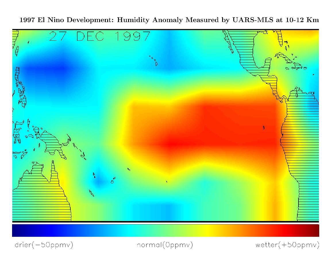 This image shows differences in atmospheric water vapor relative to a normal (average) year in the Earth's upper troposphere about 10 kilometers (6 miles) above the surface.
