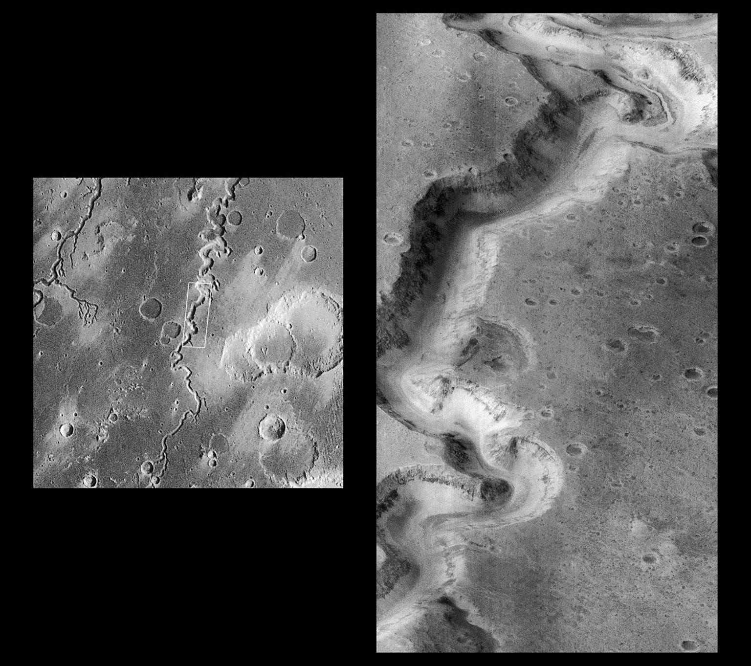 This picture of a canyon on the Martian surface was obtained on January 8, 1998 by NASA's Mars Global Surveyor; it shows the canyon of Nanedi Vallis, one of the Martian valley systems cutting through cratered plains in the Xanthe Terra region of Mars.