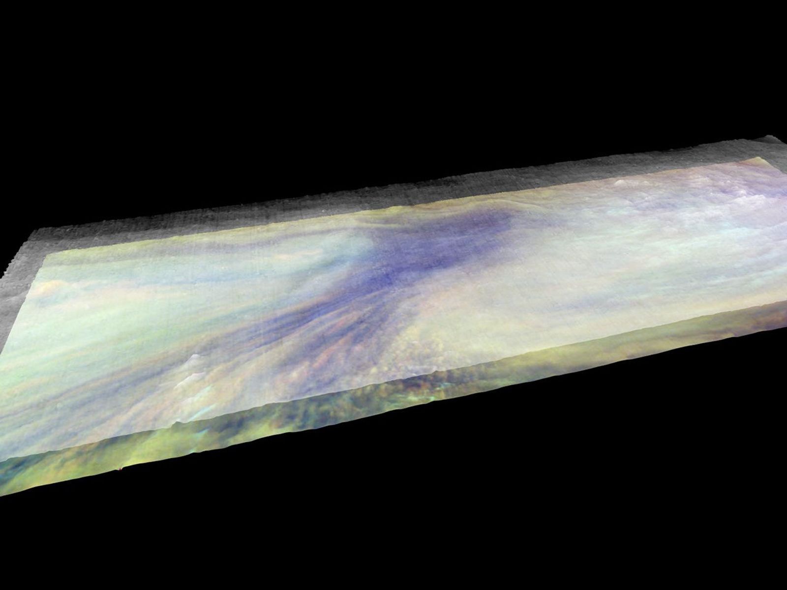 Frames from a three dimensional visualization of Jupiter's equatorial region. The images used cover an area near an equatorial 'hotspot' similar to the site where the probe from NASA's Galileo spacecraft entered Jupiter's atmosphere on December 7th, 1995.