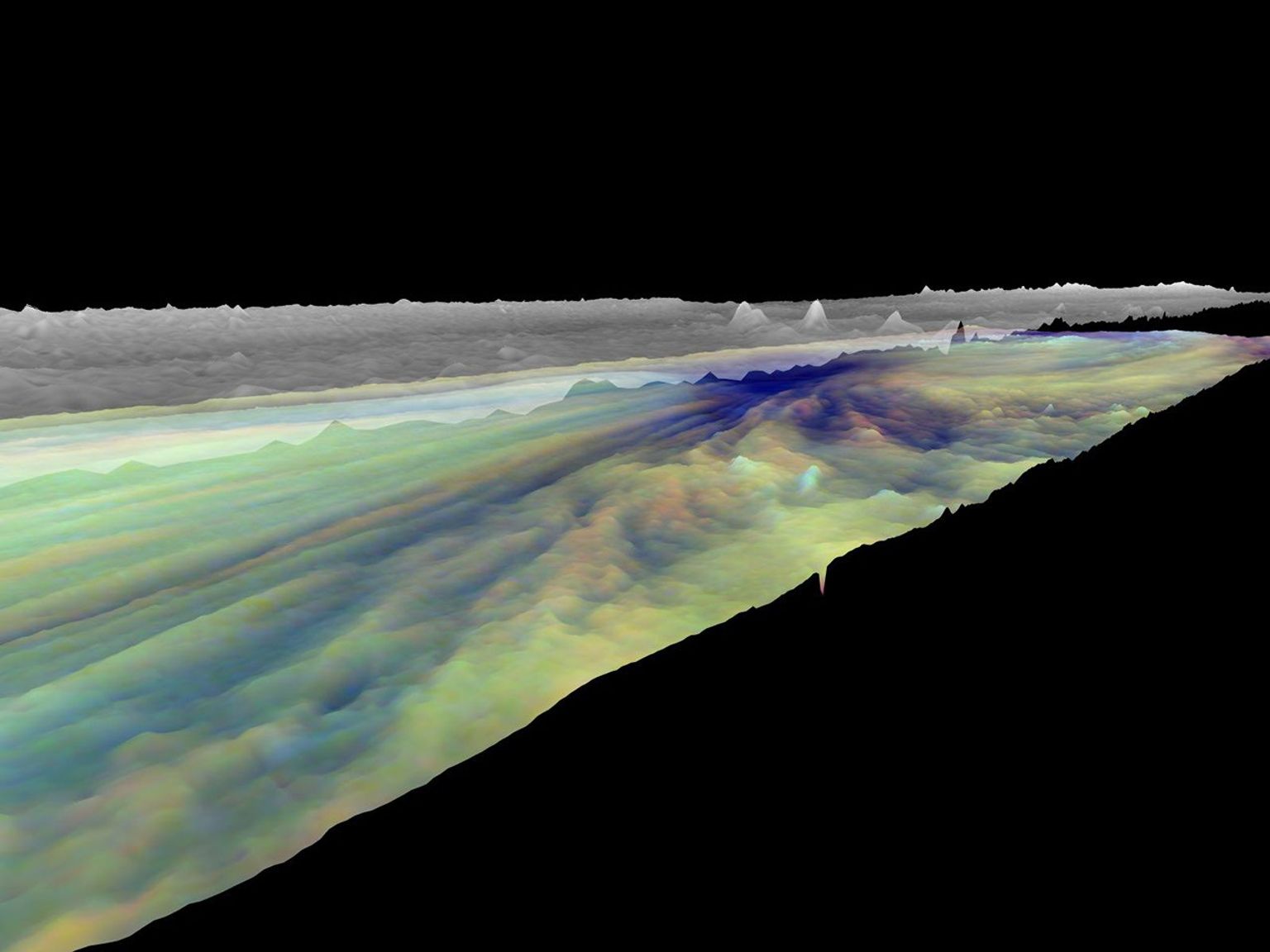 Frames from a three dimensional visualization of Jupiter's equatorial region. The images used cover an area near an equatorial 'hotspot' similar to the site where the probe from NASA's Galileo spacecraft entered Jupiter's atmosphere on December 7th, 1995.