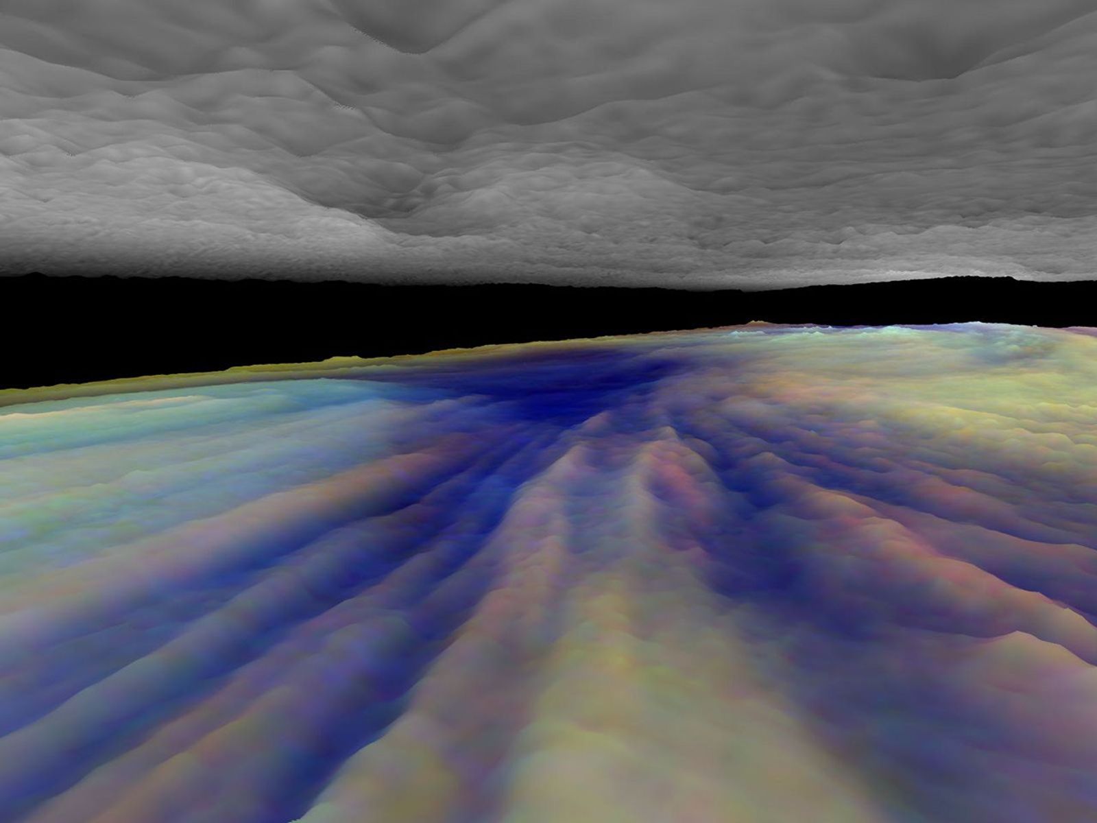 Frames from a three dimensional visualization of Jupiter's equatorial region. The images used cover an area near an equatorial 'hotspot' similar to the site where the probe from NASA's Galileo spacecraft entered Jupiter's atmosphere on December 7th, 1995.