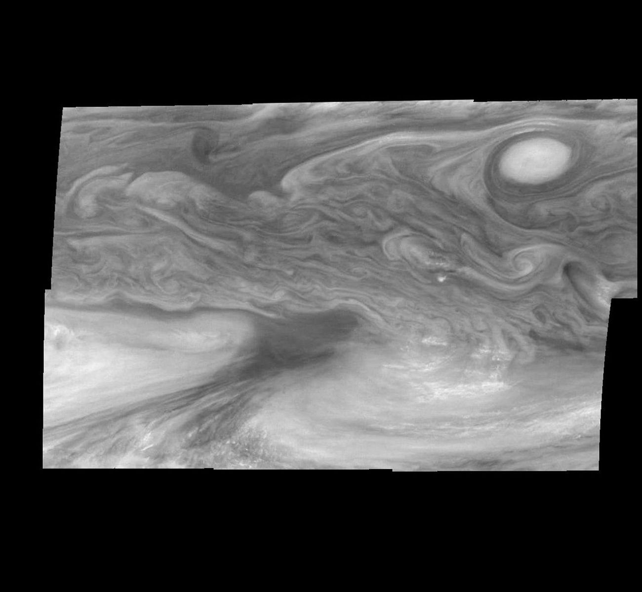 Mosaic of Jupiter's equatorial region at 727 nanometers (nm). The mosaic covers an area of 34,000 kilometers by 22,000 kilometers. These images were taken on December 17, 1996 by the Solid State Imaging system aboard NASA's Galileo spacecraft.