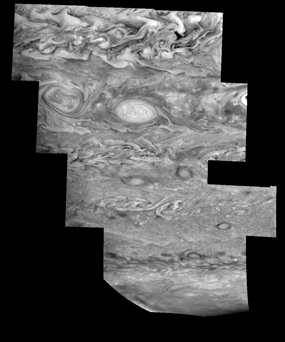 Mosaic of Jupiter's southern hemisphere between -25 and -80 degrees (south) latitude. These images were taken on May 7, 1997, at a range of 1.5 million kilometers by the Solid State Imaging system on NASA's Galileo spacecraft.