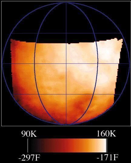 This map shows the temperatures for most of the surface of Ganymede made from data taken by on Jun. 26, 1996 as NASA's Galileo approached the sunlit side of the moon.