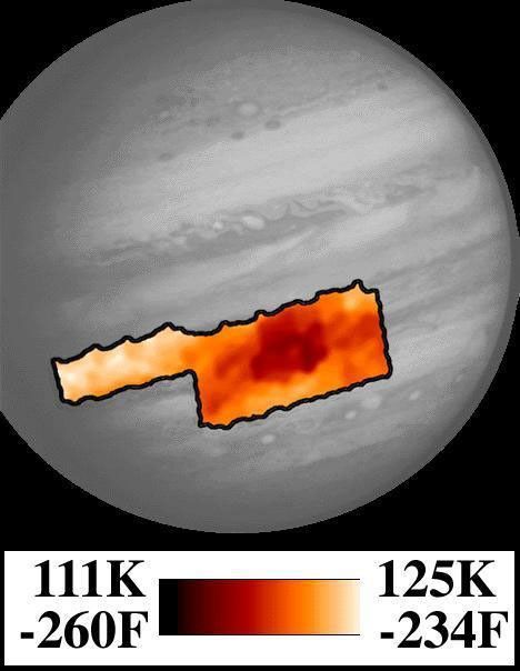This map shows temperatures for the region around Jupiter's Great Red Spot and an area to the northwest. This map was made from data taken by NASA's Photopolarimeter/Radiometer (PPR) instrument on June 26, 1996.