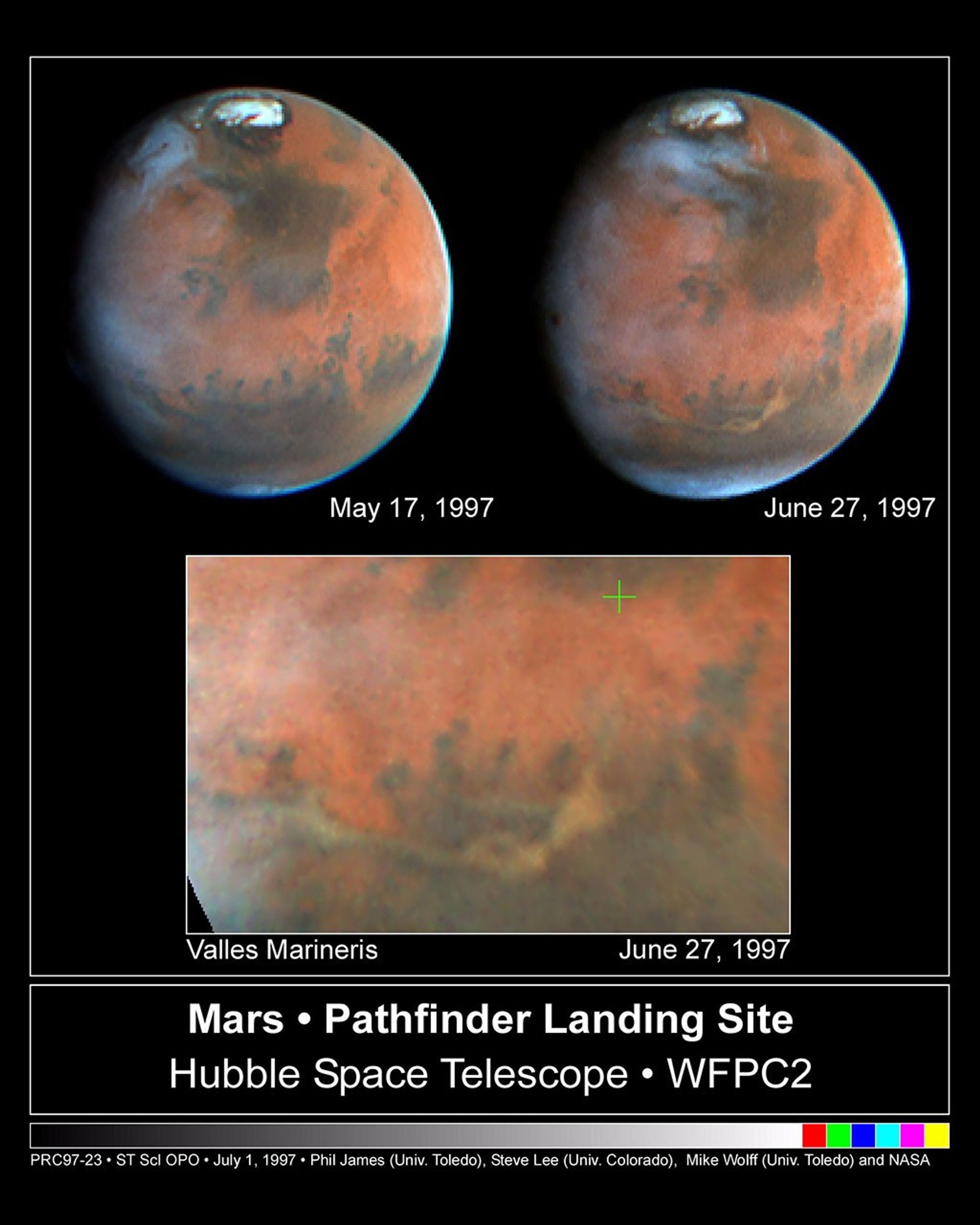 NASA's Hubble Space Telescope images of Mars, taken on June 27, 1997, reveal a significant dust storm which fills much of the Valles Marineris canyon system and extends into Xanthe Terra.