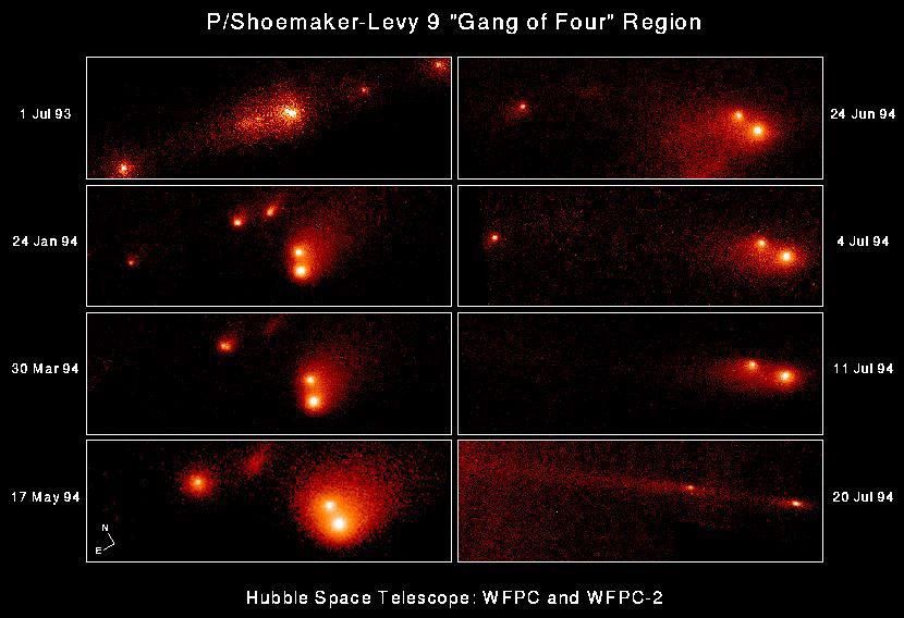 This series of eight NASA Hubble Space Telescope 'snapshots' shows the evolution of the P-Q complex, also called the 'gang of four' region, of comet P/Shoemaker-Levy 9.