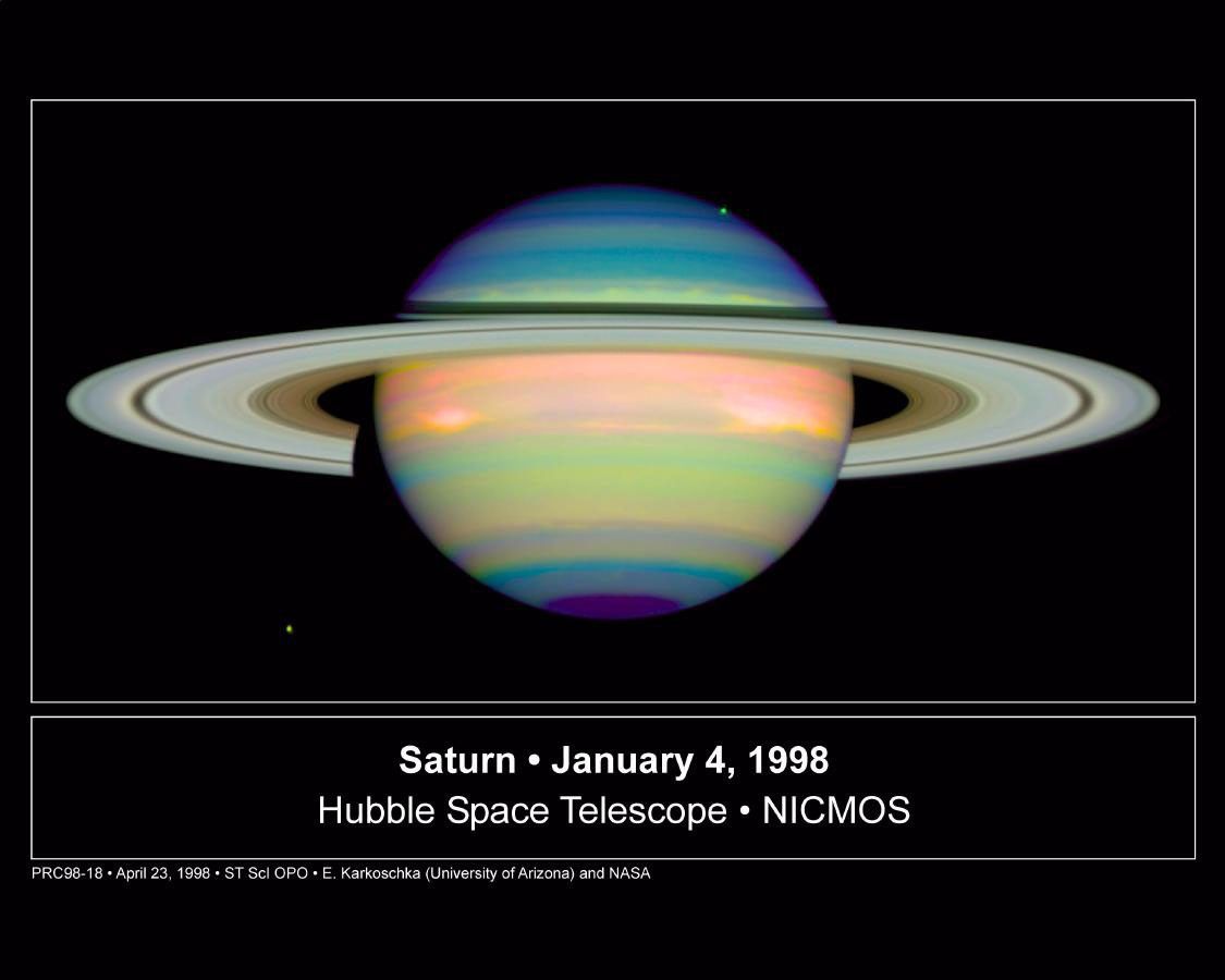 NASA's Hubble Space Telescope took this false-color image of Saturn on Junary 4, 1998, providing detailed information on the clouds and hazes in Saturn's atmosphere.