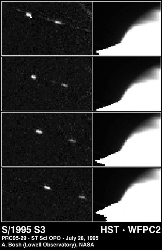This four-picture sequence (spanning 30 minutes) shows one of four moons discovered by NASA's Hubble Space Telescope, in images taken of Saturn on May 22, 1995, when Saturn's rings were tilted edge-on to Earth.