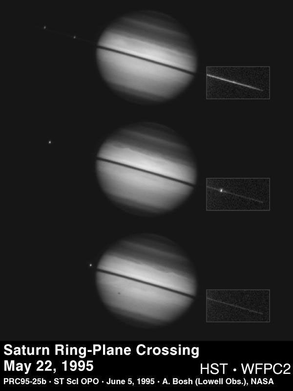 This sequence of images from NASA's Hubble Space Telescope, taken on May 22, 1995, documents a rare astronomical alignment, Saturn's magnificent ring system turned edge-on. This occurs when the Earth passes through Saturn's ring plane.