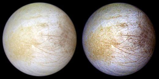 This color composite view combines violet, green, and infrared images of Jupiter's intriguing moon, Europa, for a view of the moon in natural color (left) and in enhanced color designed to bring out subtle color differences in the surface (right).