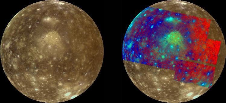 Jupiter's icy moon Callisto is shown in approximate natural color (left) and in false color to enhance subtle color variations (right). These color images were obtained by the Solid State Imaging (SSI) system on NASA's Galileo spacecraft.