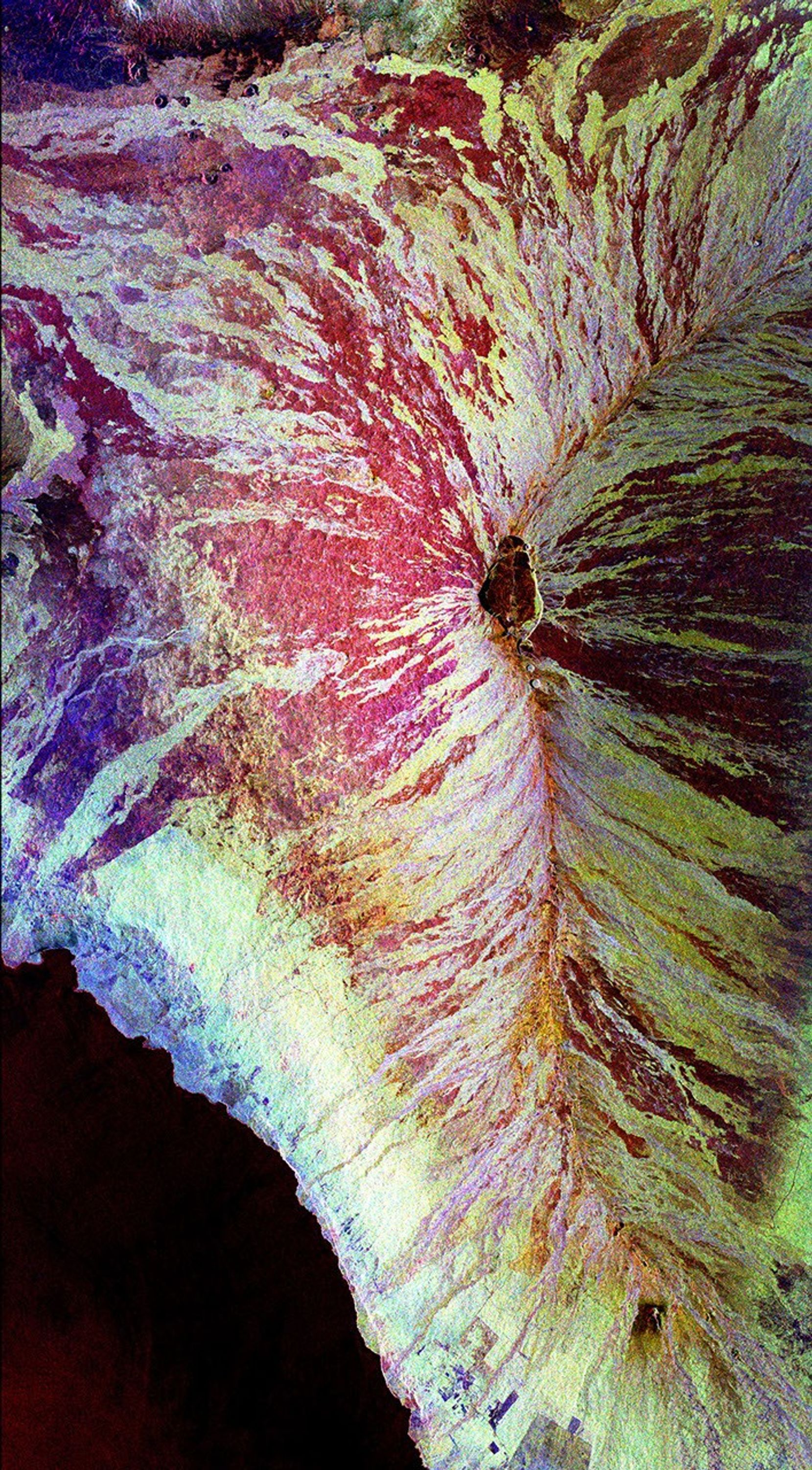 This image of the Mauna Loa volcano on the Big Island of Hawaii shows the capability of imaging radar to map lava flows and other volcanic structures.