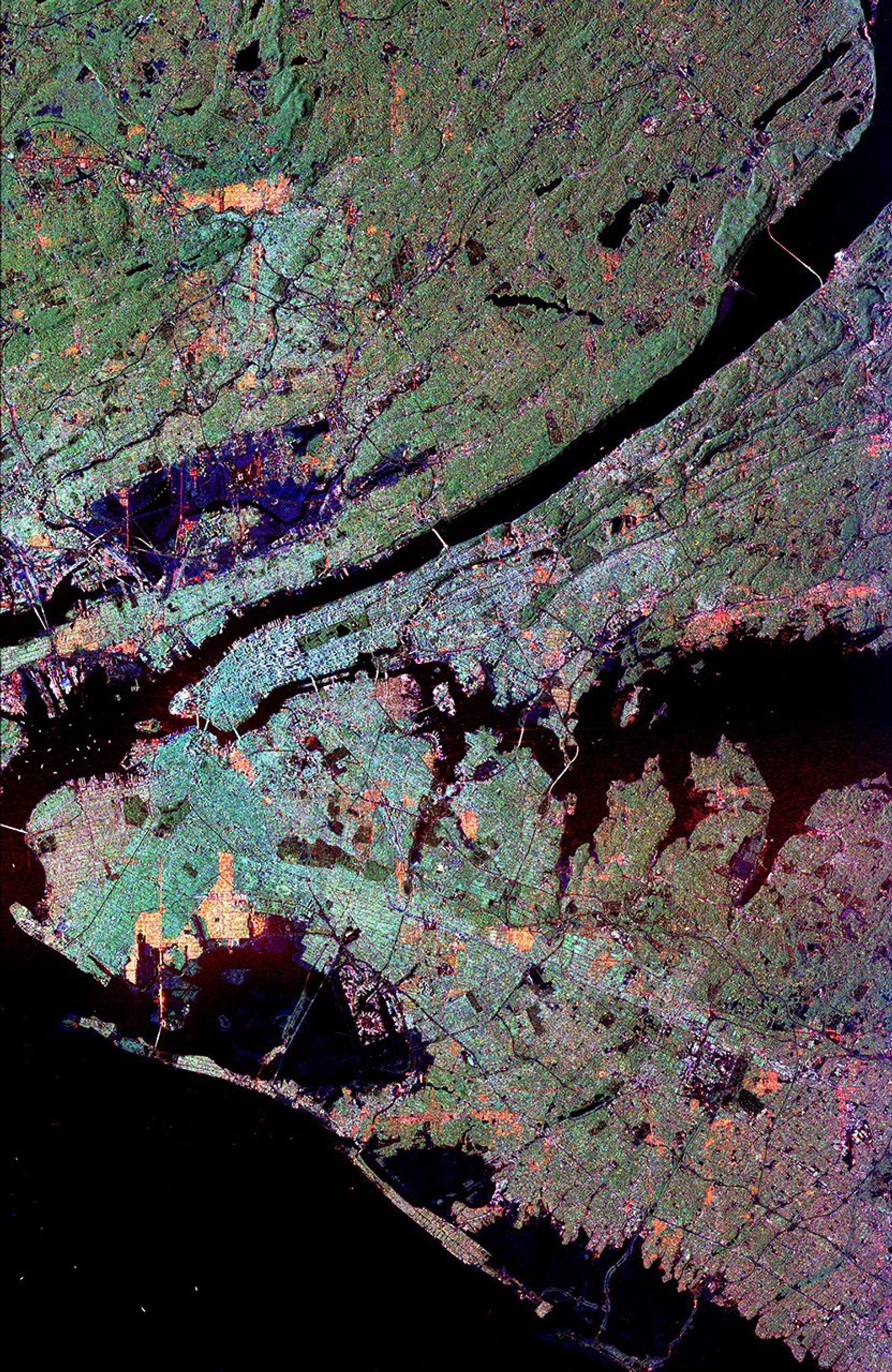 This radar image of the New York city metropolitan area. The island of Manhattan appears in the center of the image. The green-colored rectangle on Manhattan is Central Park.