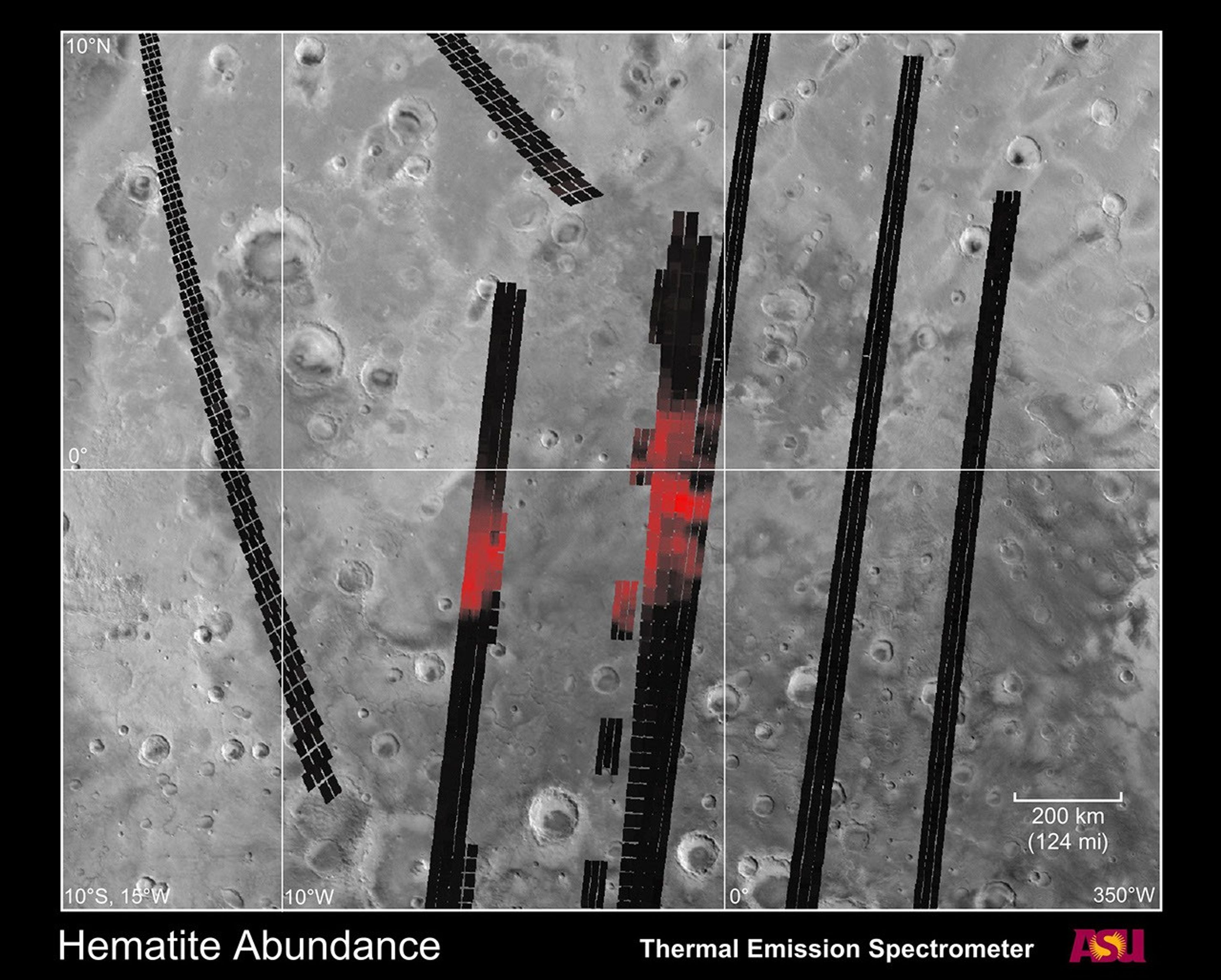 This image shows the concentration of hematite measured NASA's Mars Global Surveyor. The abundance of hematite is shown in red, with increasing brightness indicating increasing hematite abundance.