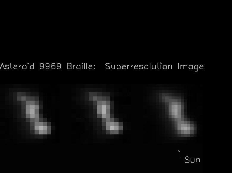 These composite image frames were taken 914 seconds and 932 seconds after the NASA's Deep Space 1's encounter with the asteroid 9969 Braille. The image on the right was created by combining the two images on the left.