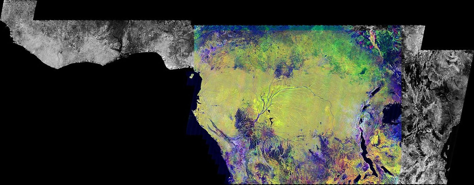 This is an image of equatorial Africa, centered on the equator at longitude 15degrees east. This image is a mosaic of almost 4,000 separate images obtained in 1996 by NASA's L-band imaging radar onboard the Japanese Earth Resources Satellite.