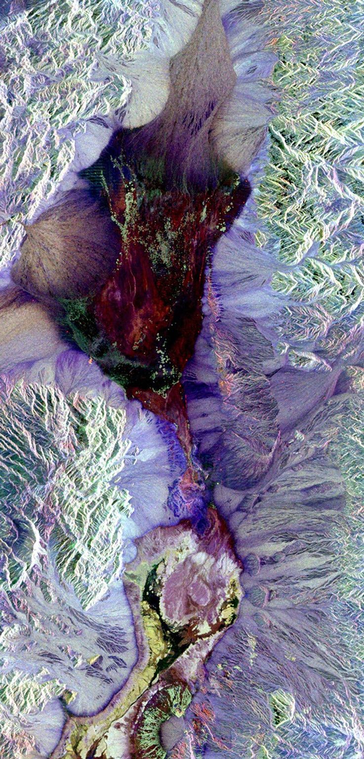 This radar image shows the area of Death Valley, California and the different surface types in the area. Radar is sensitive to surface roughness with rough areas showing up brighter than smooth areas, which appear dark.