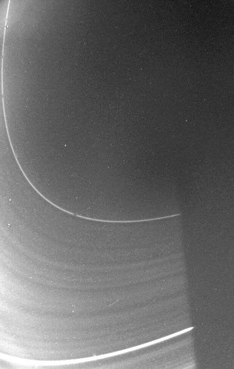 NASA's Voyager 2 took this picture of Saturn's faint inner D-ring Aug. 25, 1981, about 1 hour 48 minutes before the spacecraft's closest approach to Saturn. The range was 195,400 kilometers (121,300 miles).