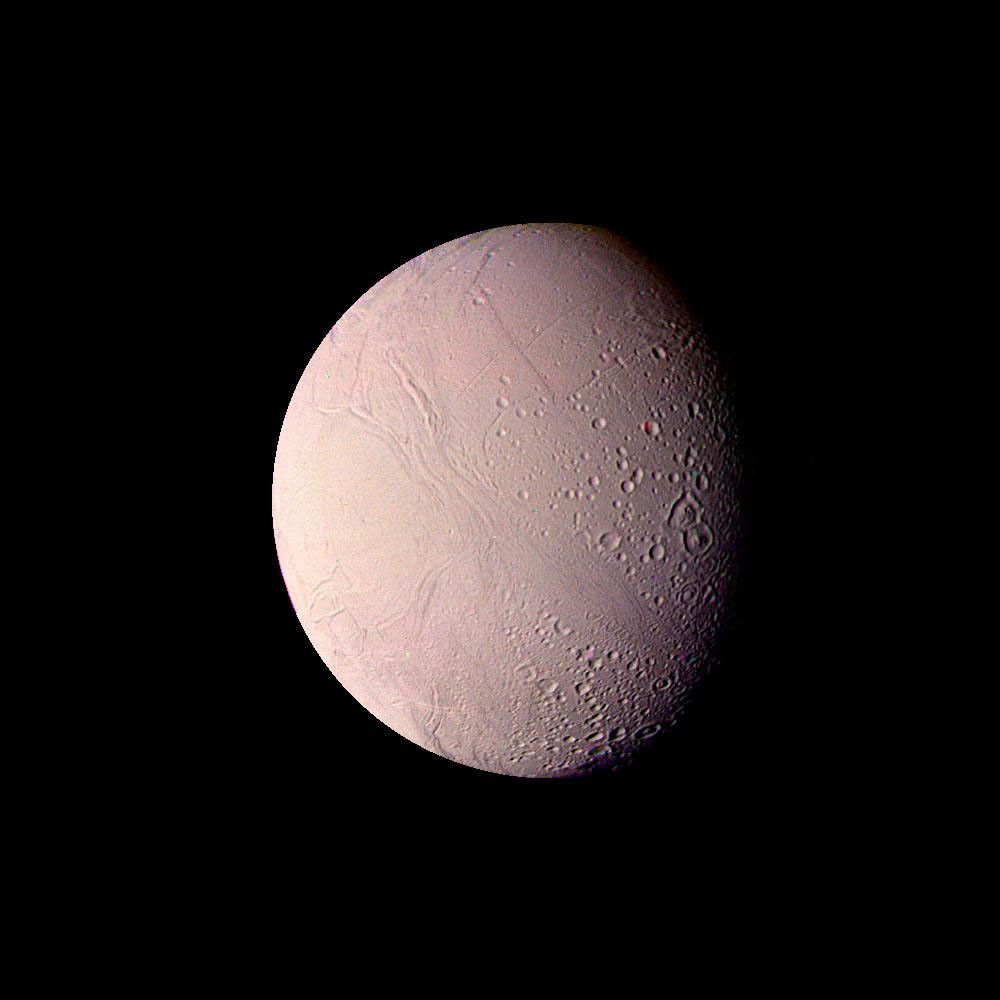 This mosaic of Enceladus was made from images taken by NASA's Voyager 2 on Aug. 25, 1981, from a distance of 119,000 kilometers (74,000 miles).