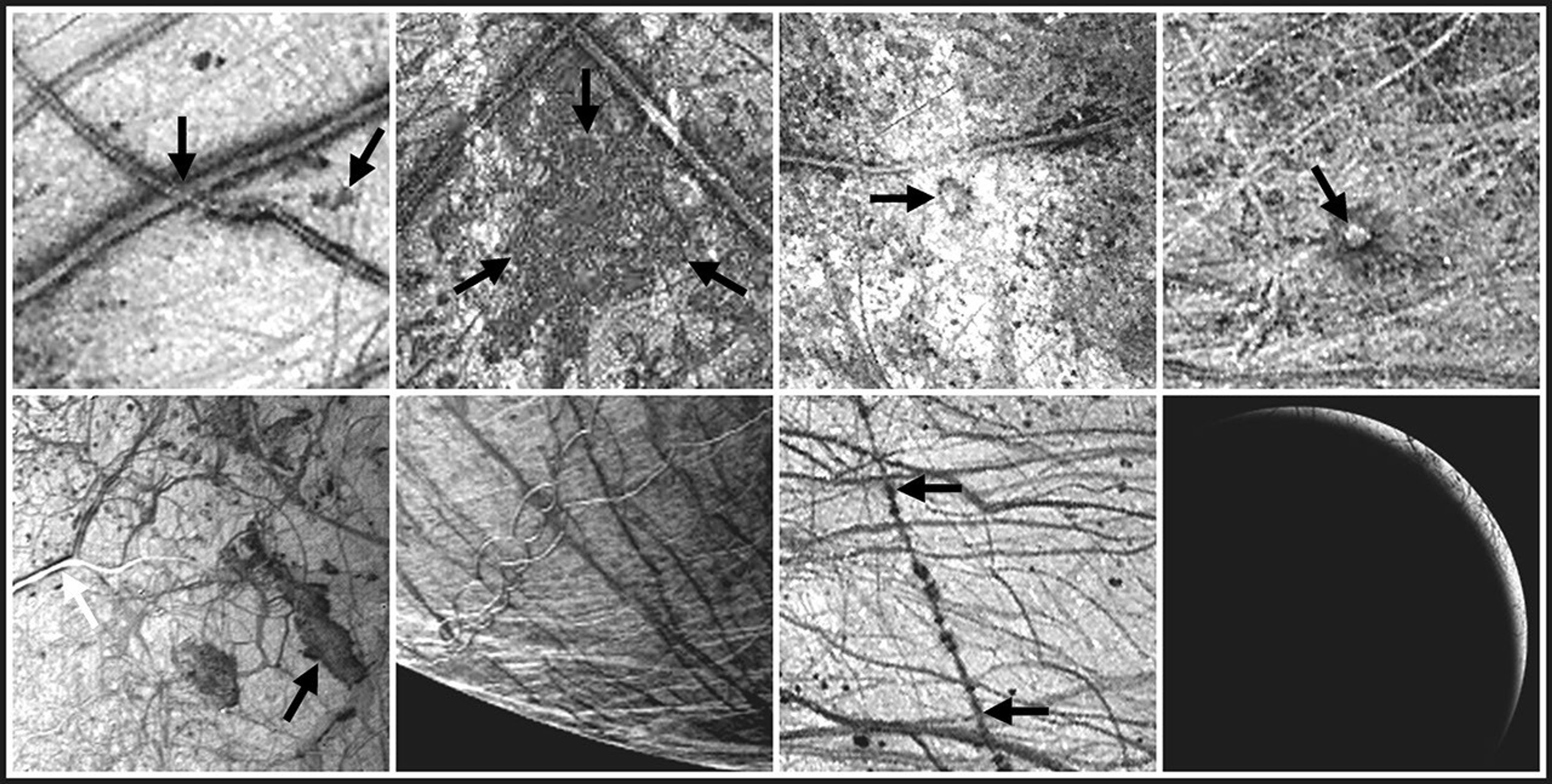 During the two year Galileo Europa Mission (GEM), NASA's Galileo spacecraft will focus intensively on Jupiter's intriguing moon, Europa. This montage shows samples of some of the features that will be imaged during eight successive orbits.