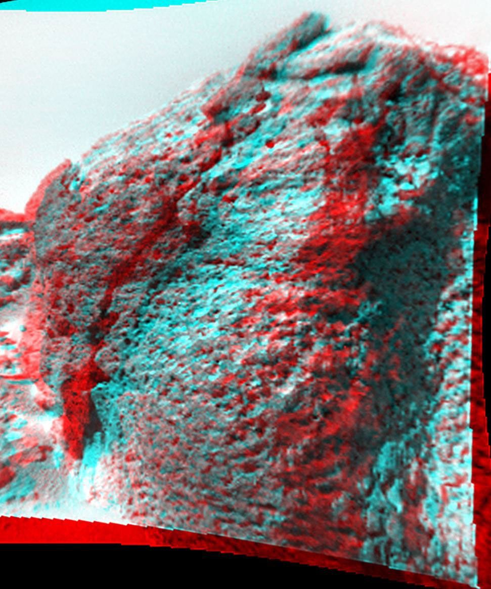 This anaglyph view of 'Chimp,' south southwest of the lander, was produced by NASA's Mars Pathfinder's Imager camera. 3D glasses are necessary to identify surface detail.