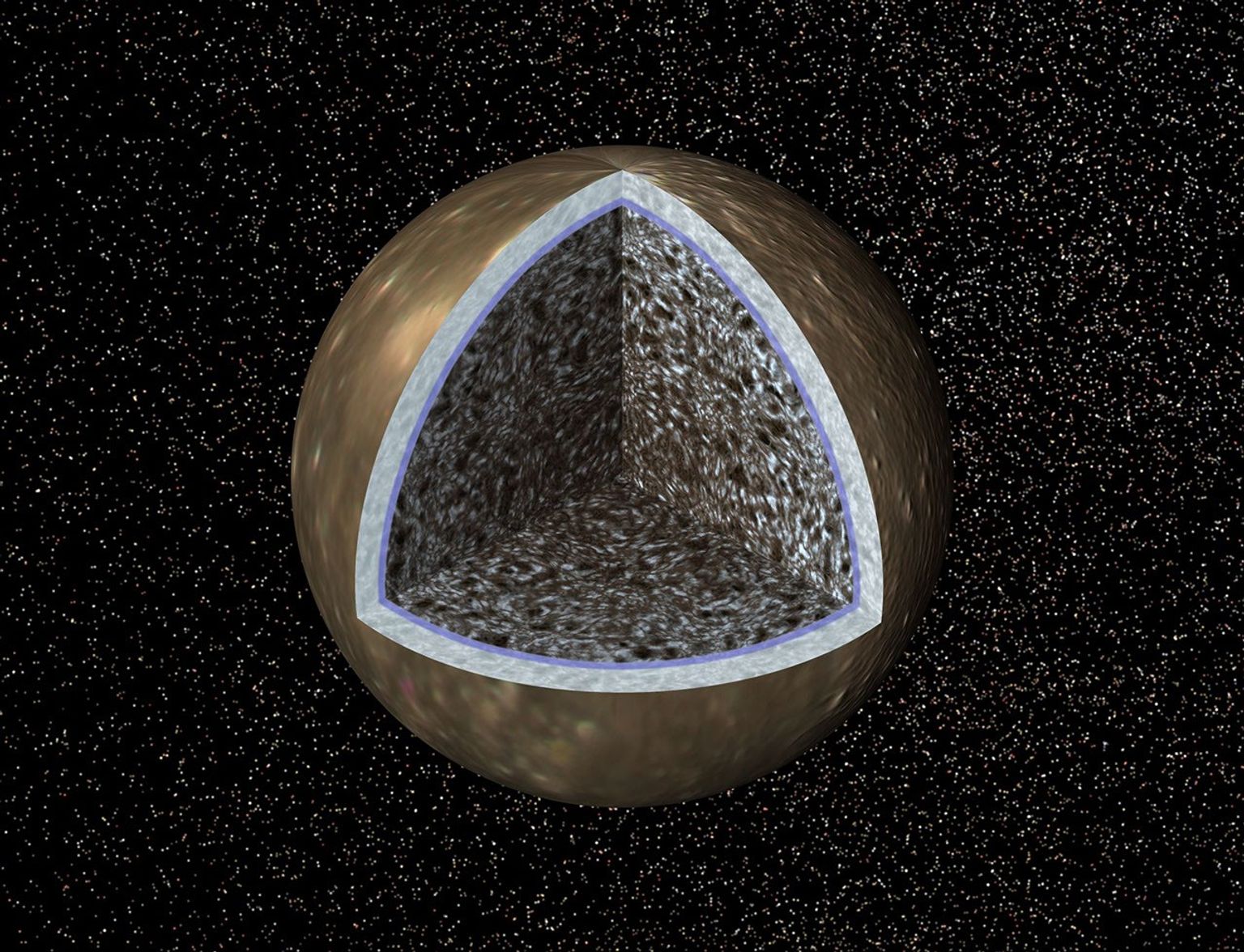 This artist's concept, a cutaway view of Jupiter's moon Callisto, is based on recent data from NASA's Galileo spacecraft which indicates a salty ocean may lie beneath Callisto's icy crust.