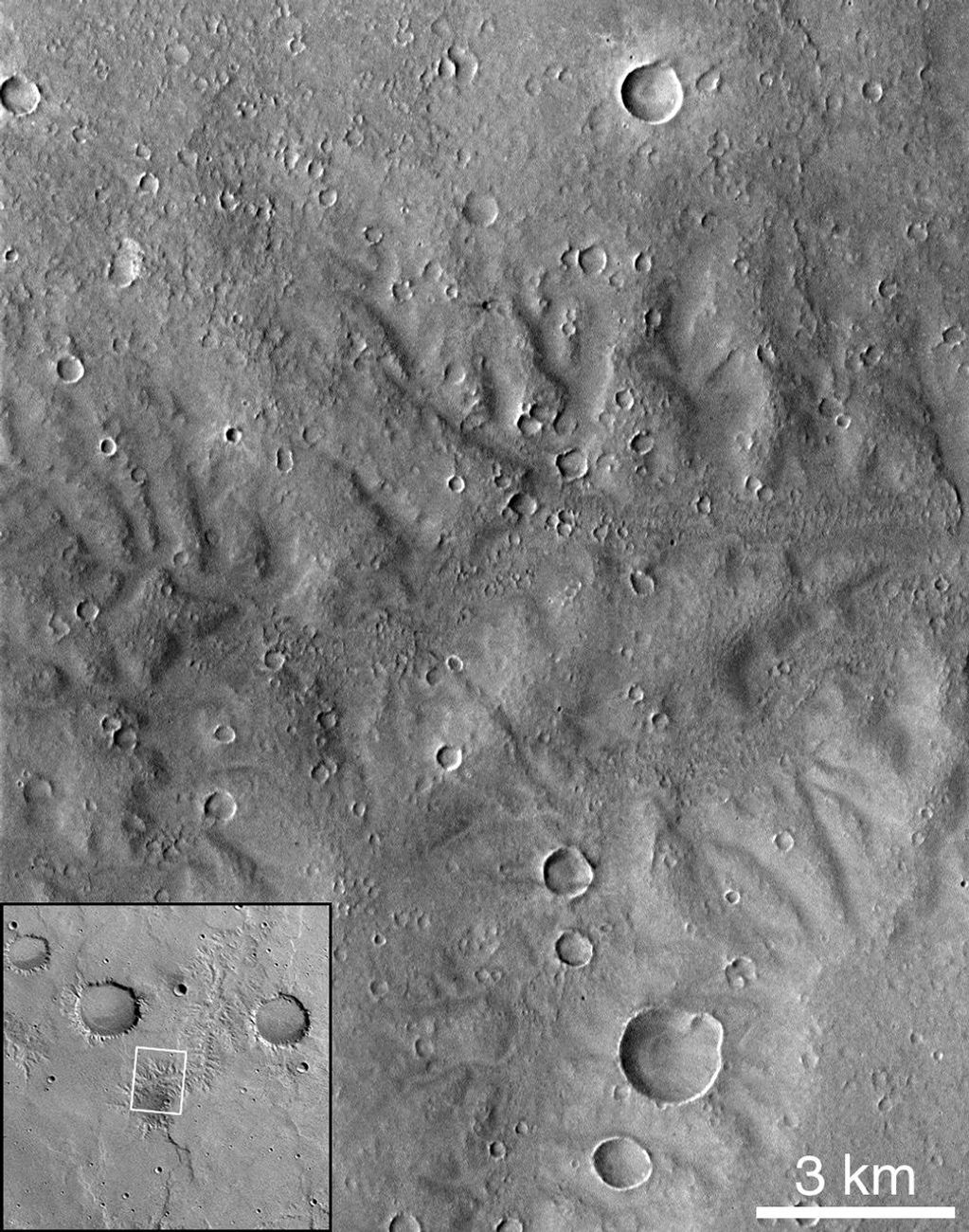 NASA's Mars Global Surveyor shows a portion of dissected terrain southeast of Parana Valles on Mars.