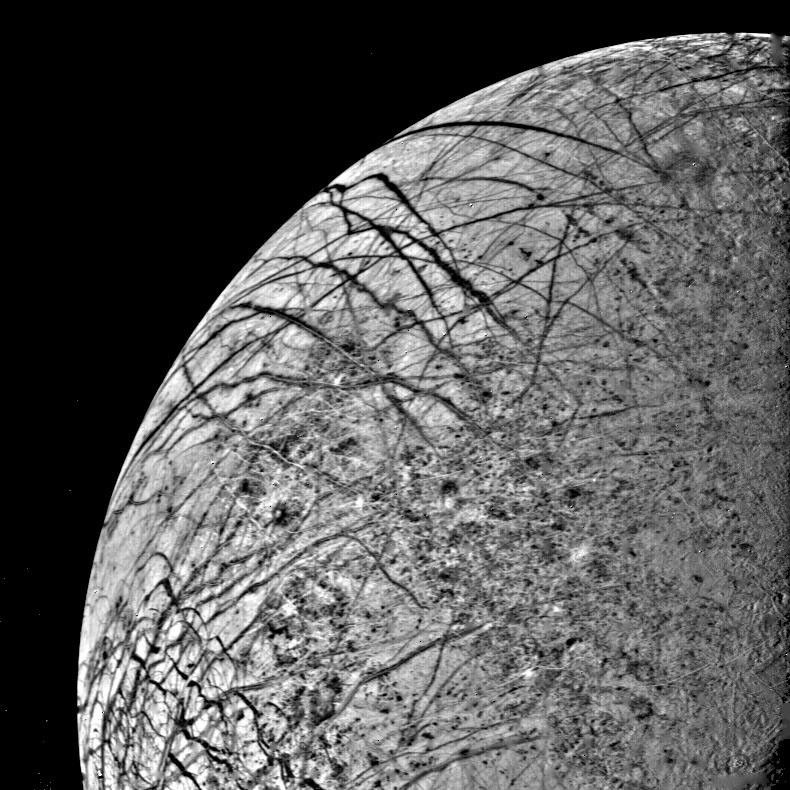 The first close look ever obtained of Jupiter's satellite, Europa, was taken July 9, 1979, by NASA's Voyager 2 as the spacecraft approached the planet.