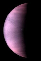 Venus Cloud Tops Viewed by Hubble. This is a NASA Hubble Space Telescope ultraviolet-light image of the planet Venus, taken on January 24 1995, when Venus was at a distance of 70.6 million miles (113.6 million kilometers) from Earth.