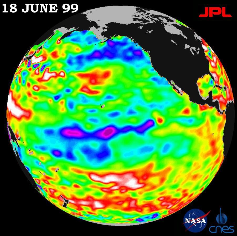 Lingering in the eastern Pacific Ocean, the La Niña phenomenon, with its large volume of chilly water, barely had a pulse June 18, 1999, according to satellite data from NASA's U.S.-French TOPEX/Poseidon mission.