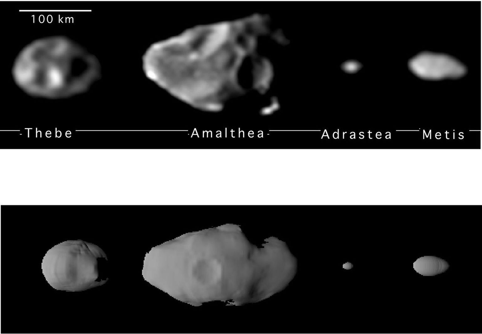 The upper series of images represents the best yet of the four small inner satellites of Jupiter taken by the camera on NASA's Galileo spacecraft. From left to right, in order of decreasing distance to Jupiter, are Thebe, Amalthea, Adrastea and Metis.