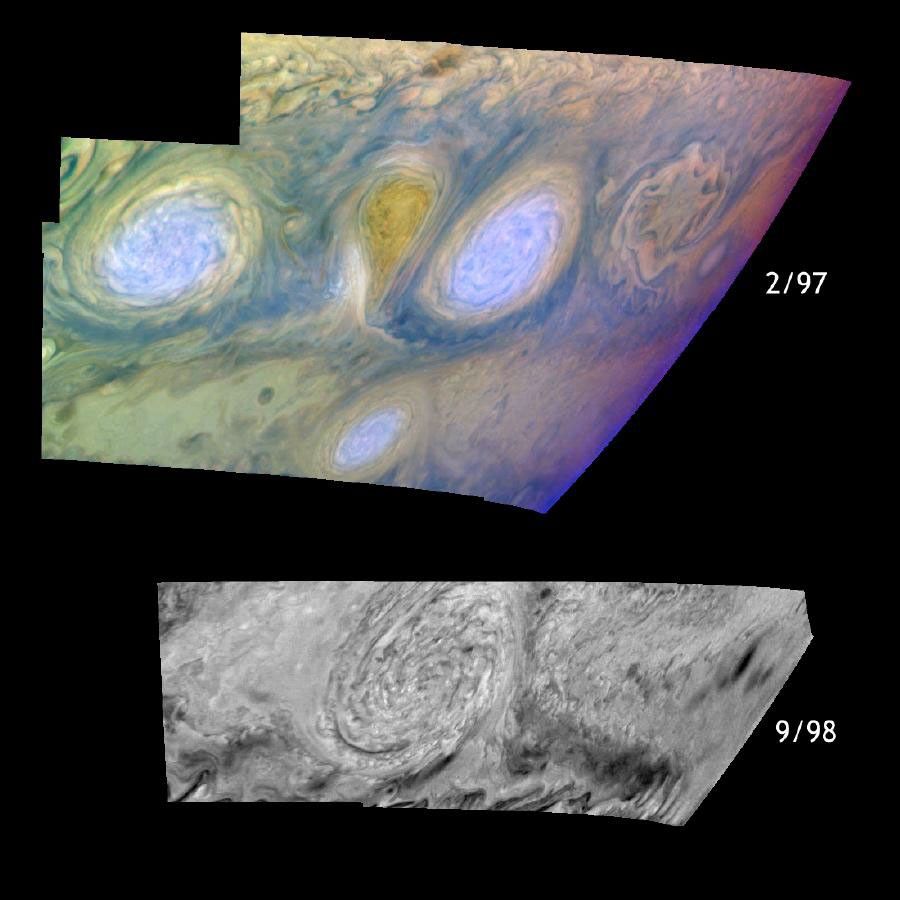 Jupiter's white oval storms before and after their historic merger in 1998. Three classic white ovals which formed in the 1930's have occupied the band from 31 to 35 degrees south planetocentric latitude ever since. Images from NASA's Galileo spacecraft.
