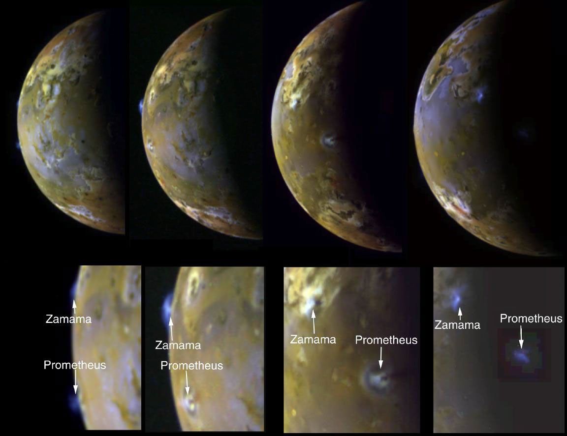 These four views of Jupiter's moon Io clearly show airborne plumes of gas and dust from two of Io's active volcanoes, Zamama and Prometheus. The bottom row consists of enlargements of the plume areas. Images captured by NASA's Galileo spacecraft.