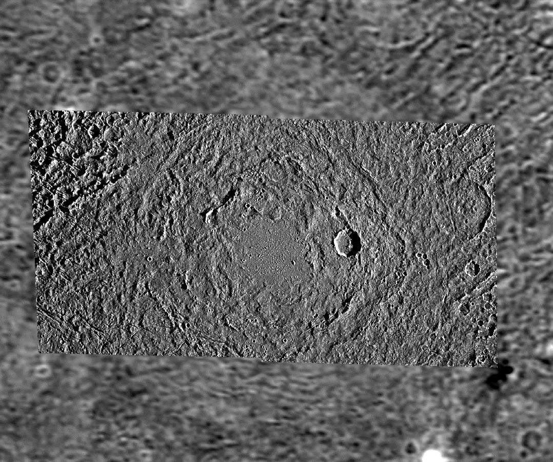 This image from NASA's Galileo spacecraft shows a mosaic of Buto Facula, a so-called 'palimpsest' situated in Marius Regio on Jupiter's largest satellite Ganymede. Palimpsests are bright, nearly circular patches, believed to be remnant impact features.