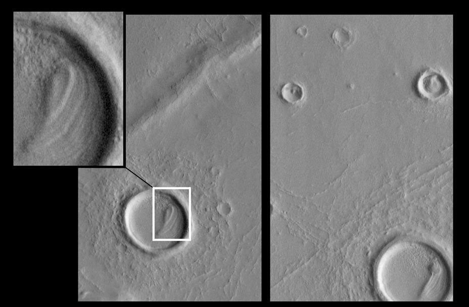 NASA's Mars Global Surveyor shows two image with the remains of layered material inside craters in southwestern Utopia Planitia. These remnant layers indicate that the craters were once buried beneath a deposit that has since been eroded away.