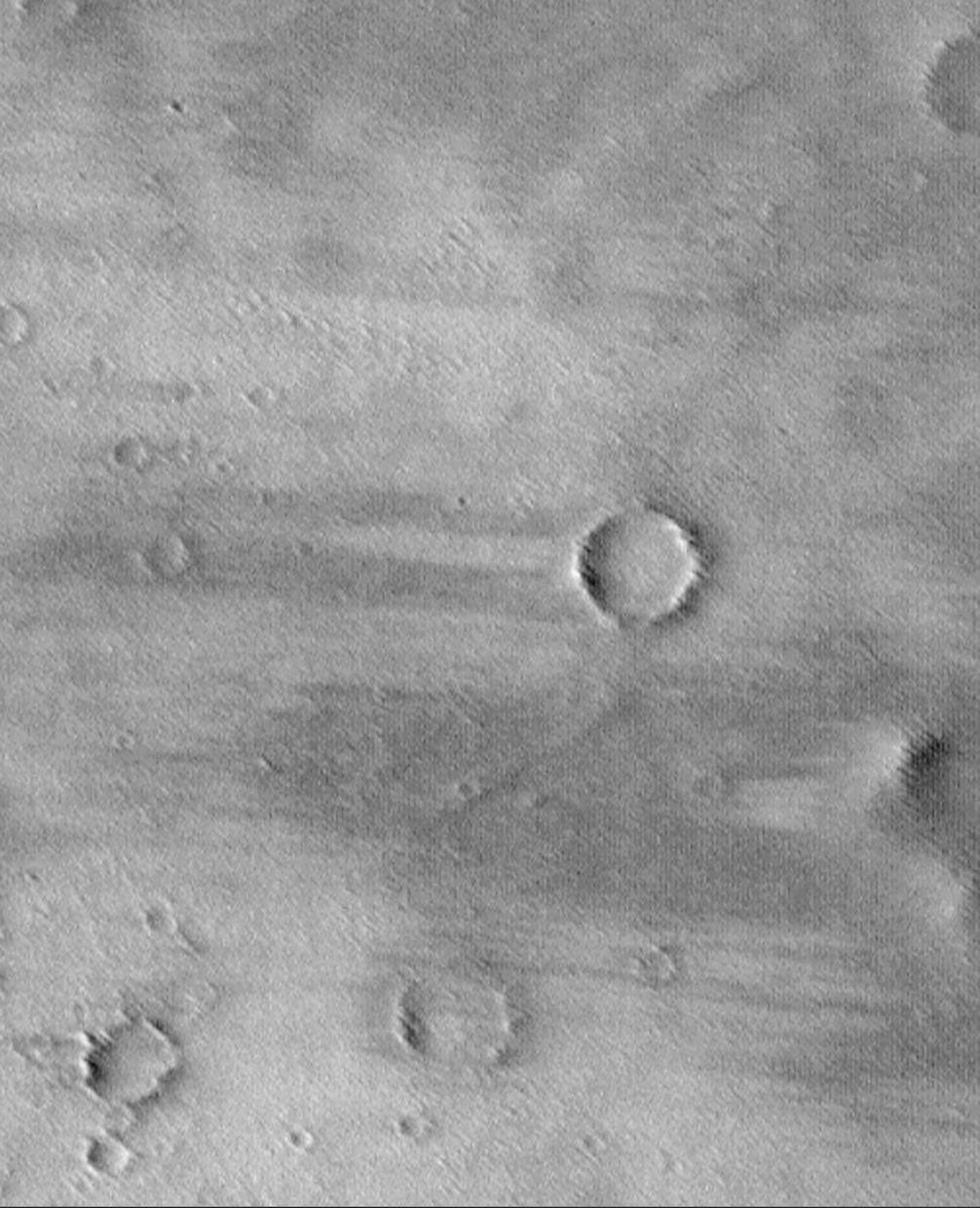 NASA's Mars Global Surveyor shows Daedalia Planum, a broad, wind-swept volcanic plain on Mars. A combination of bright surfaces (where sand and/or dust has accumulated) and dark surfaces (where sand and/or dust has been removed) are seen.