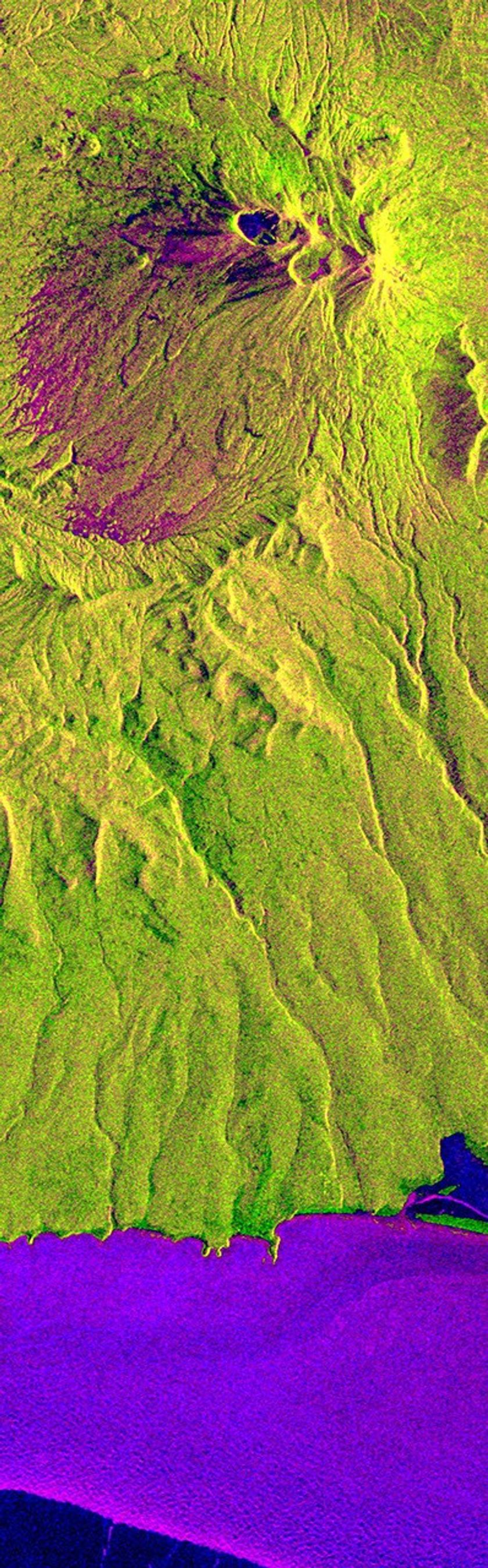 This is a seasonal image from NASA's Spaceborne Imaging Radar-C/X-band Synthetic Aperture Radar of the Maly Semlyachik volcano, which is part of the Karymsky volcano group on Kamchatka peninsula, Russia.