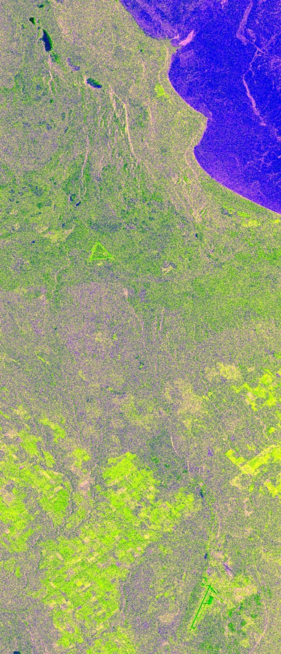 This is an X-band image from NASA's Spaceborne Imaging Radar C/X-Band Synthetic Aperture Radar of seasonal changes at the ecological test site of Raco, Michigan, located south of Whitefish Bay on Lake Superior.